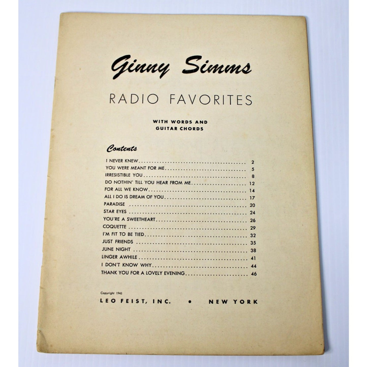 1945 Sheet Music Booklet: Ginny Simms Radio Favorites w/ Words & Guitar Chords