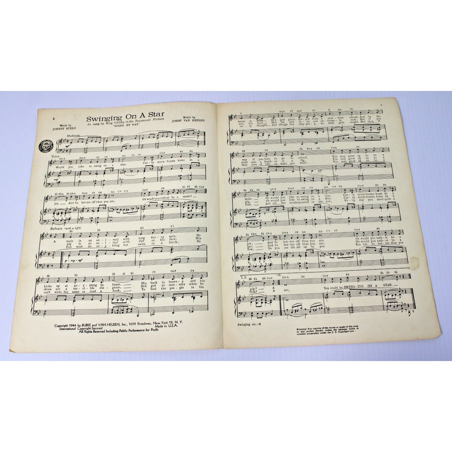 1944 Vintage Sheet Music: Swinging on A Star- Johnny Burke, Jimmy Van Heusen