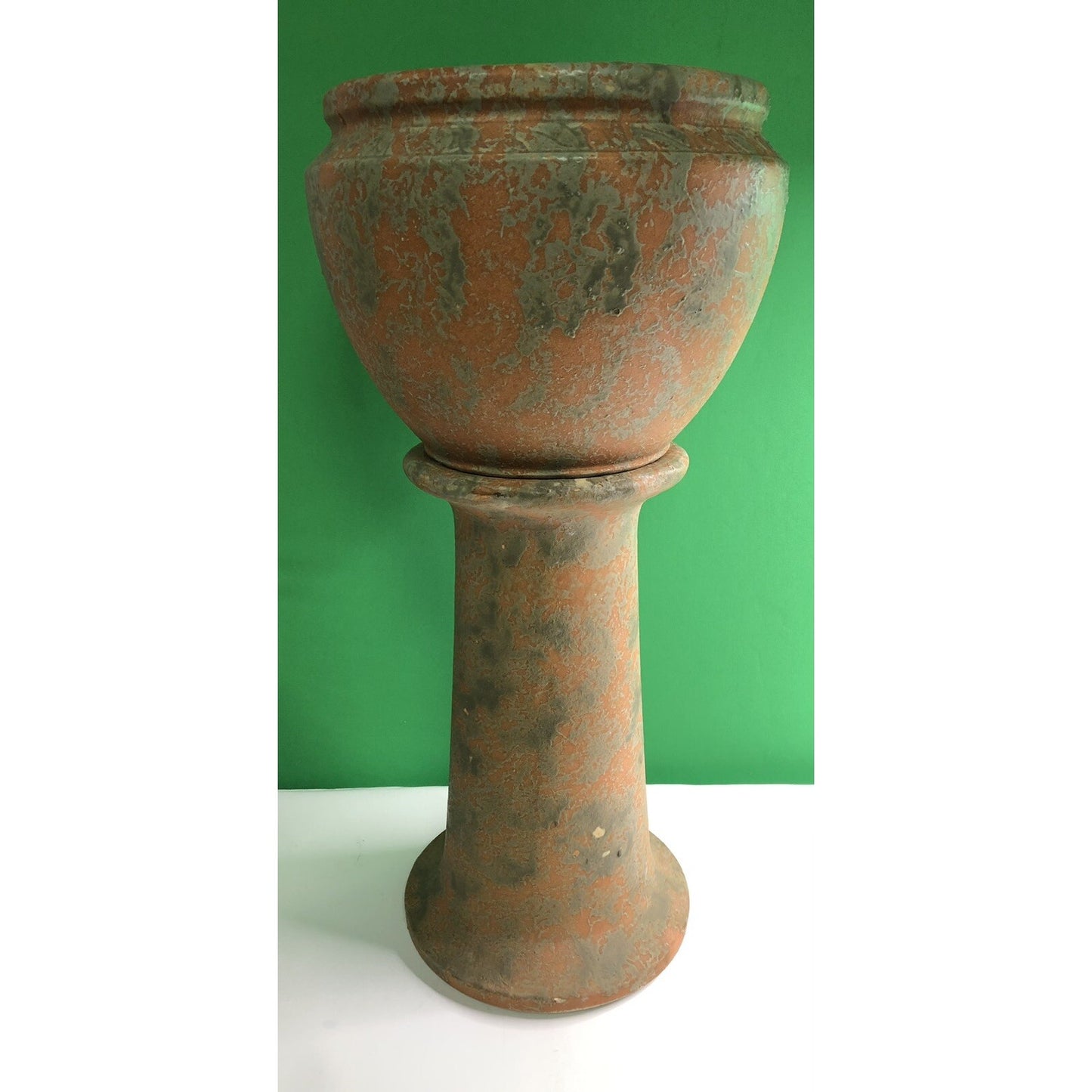 Vintage Burley Winter Large Jardiniere With Pedestal Mottled Orange & Green