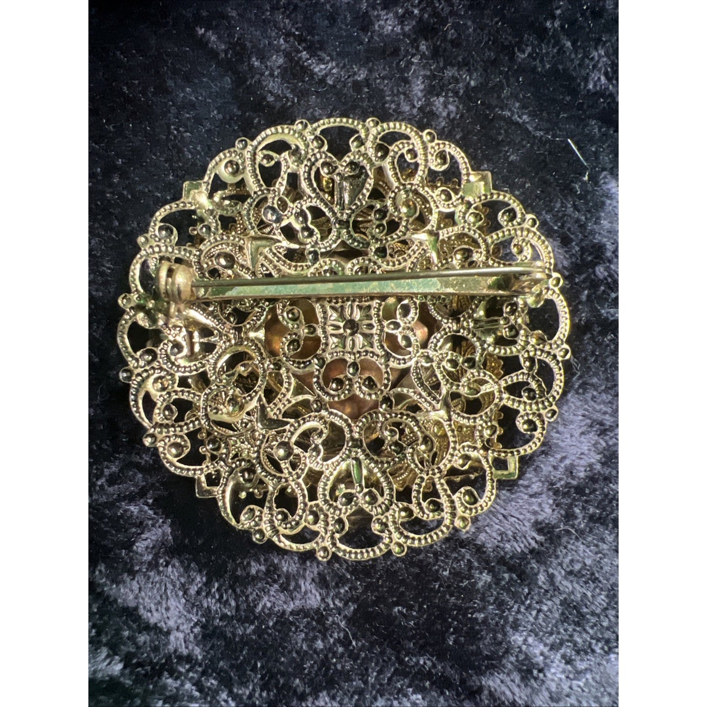 Vintage Czech Green Glass Filigree Signature Brooch & Clip On Earrings Set 1930s