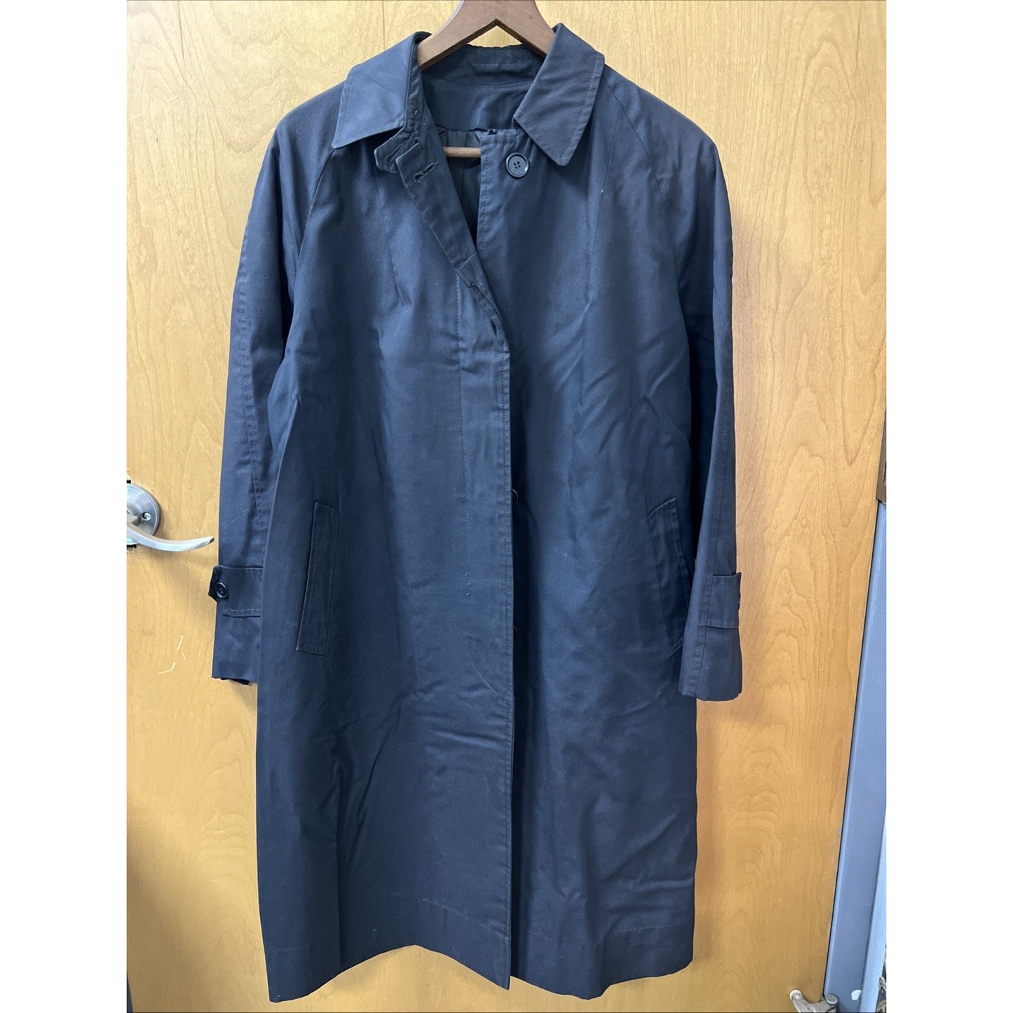 Vintage Size Small Black Trench Coat Slash Pockets 38” Long Wash & Wear Raincoat