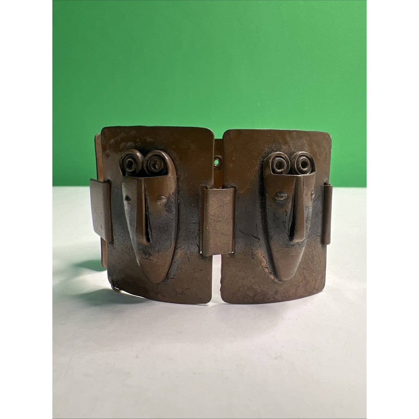 Rebajes Signed Vintage Tribal Masks Copper Bracelet 1950s Brazilian
