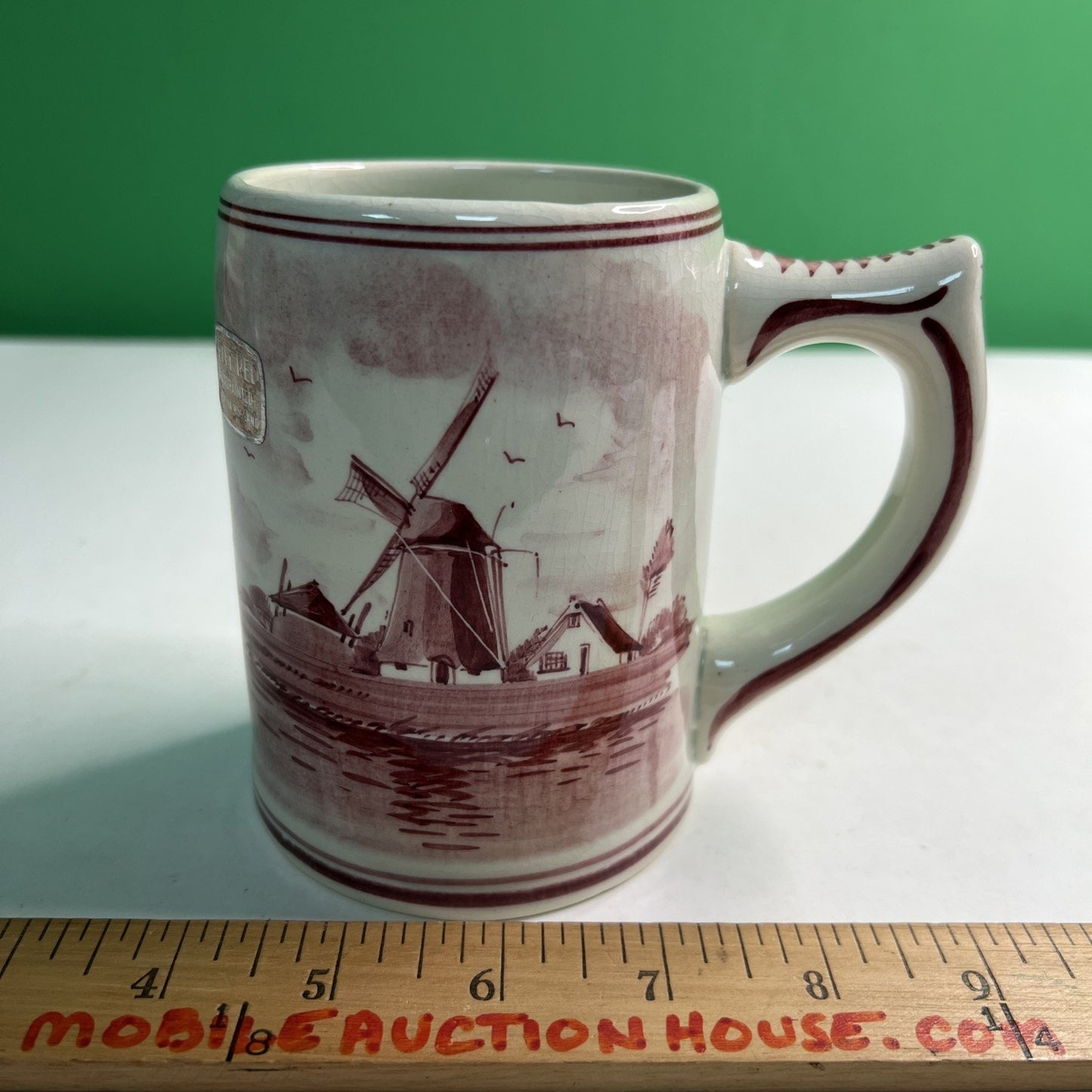 Vintage Hand Painted Delft Red Holland Dutch Windmill Stein Mug Original Sticker