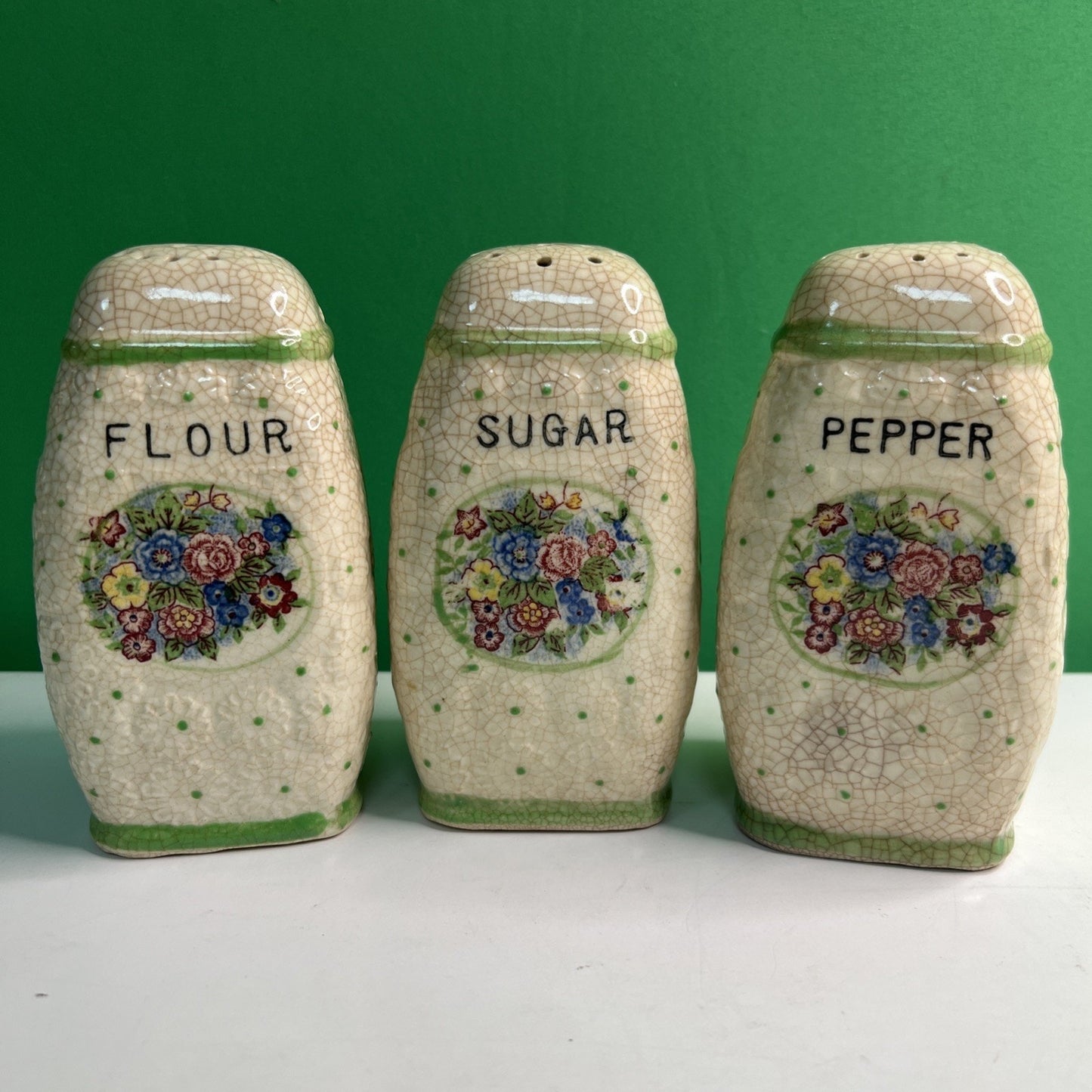 Vintage Japan Majolica Pepper Sugar Flour Shakers RARE