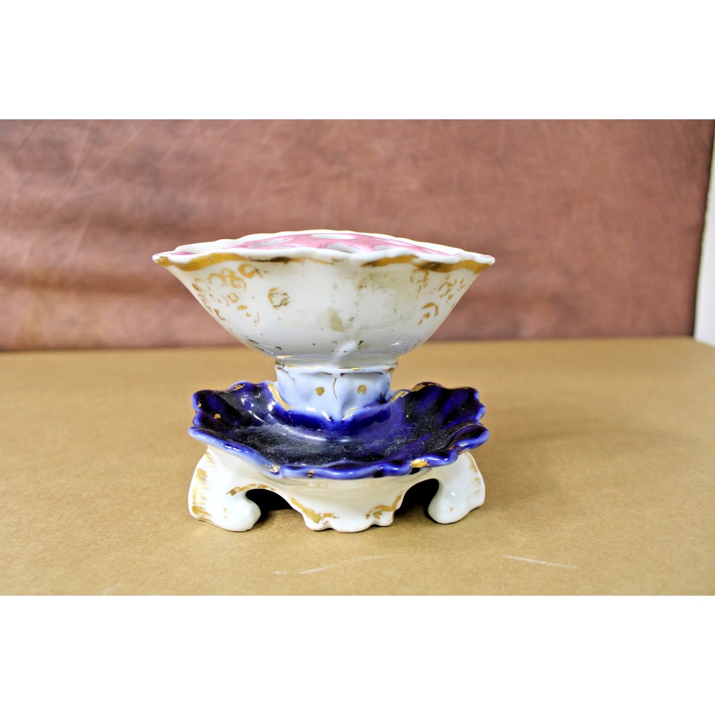 Old Paris Porcelain 4.5" H Vase Gilt Pink Blue Unmarked With Floral Frog