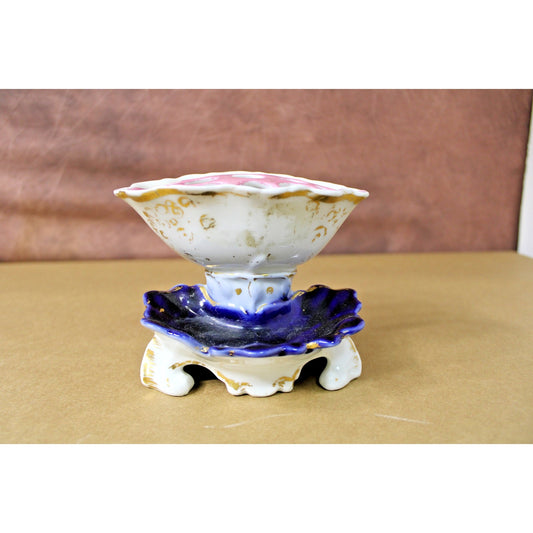 Old Paris Porcelain 4.5" H Vase Gilt Pink Blue Unmarked With Floral Frog