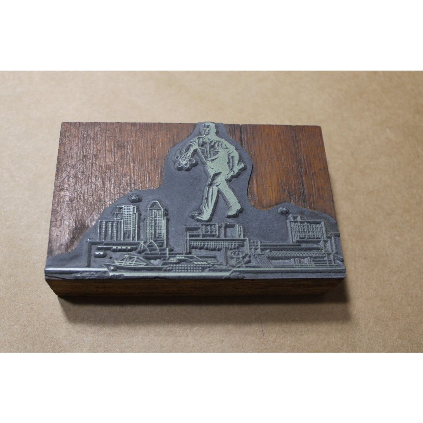 Vintage Illustrated Printing Block, 4"L x 2.5"W x 7/8"H Cityscape Waterfront MCM