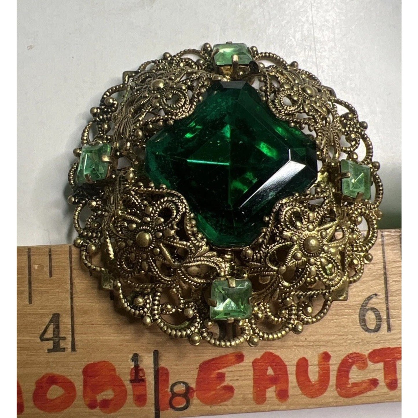 Vintage Czech Green Glass Filigree Signature Brooch & Clip On Earrings Set 1930s
