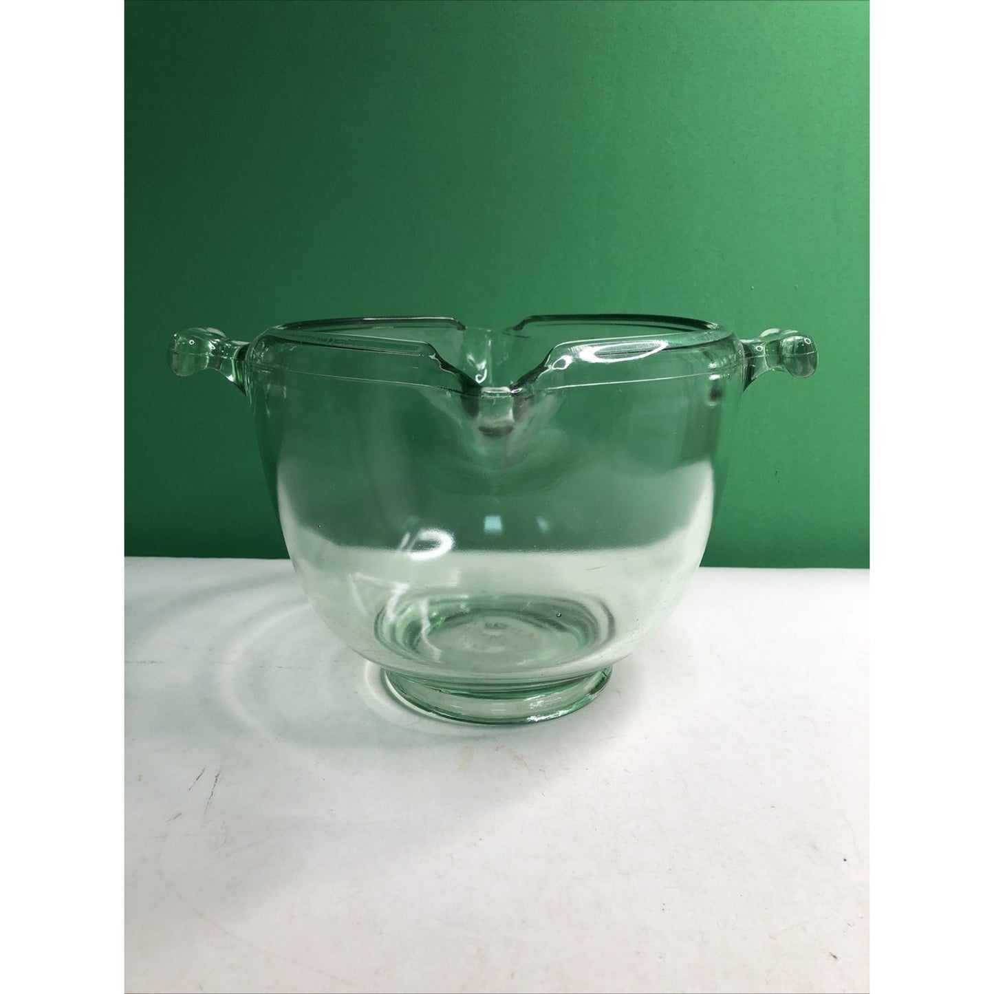 Vintage TUFGLAS Large Mixing Bowl Uranium Glass Double Spout Handled Depression