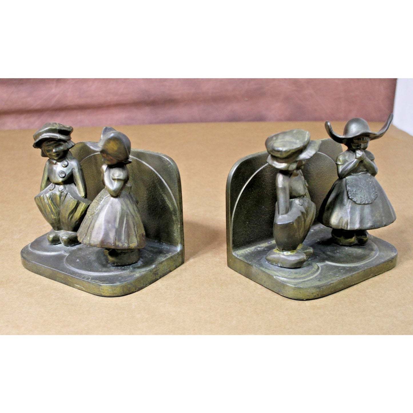 Vintage 1934 Frankart Brass Cast Bookends Pair, Dutch Boy, Dutch Girl, Classical