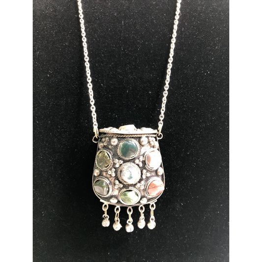 Vintage Sajai Metal Coin Purse Semi Precious Stones Kuchi Prayer Box Necklace