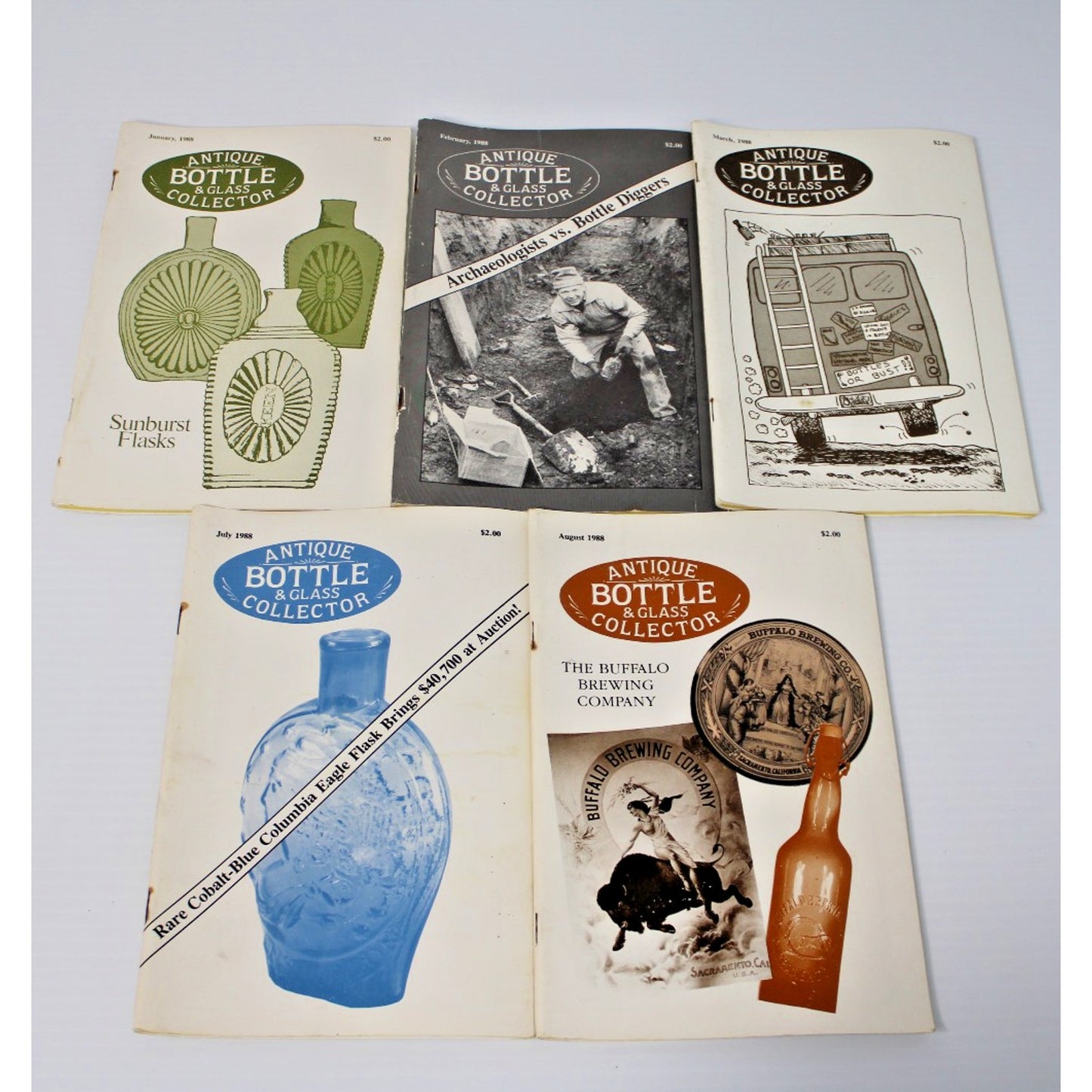 Lot of 5 Issues "Antique Bottle & Glass Collector" Jan-Mar, July & Aug 1988