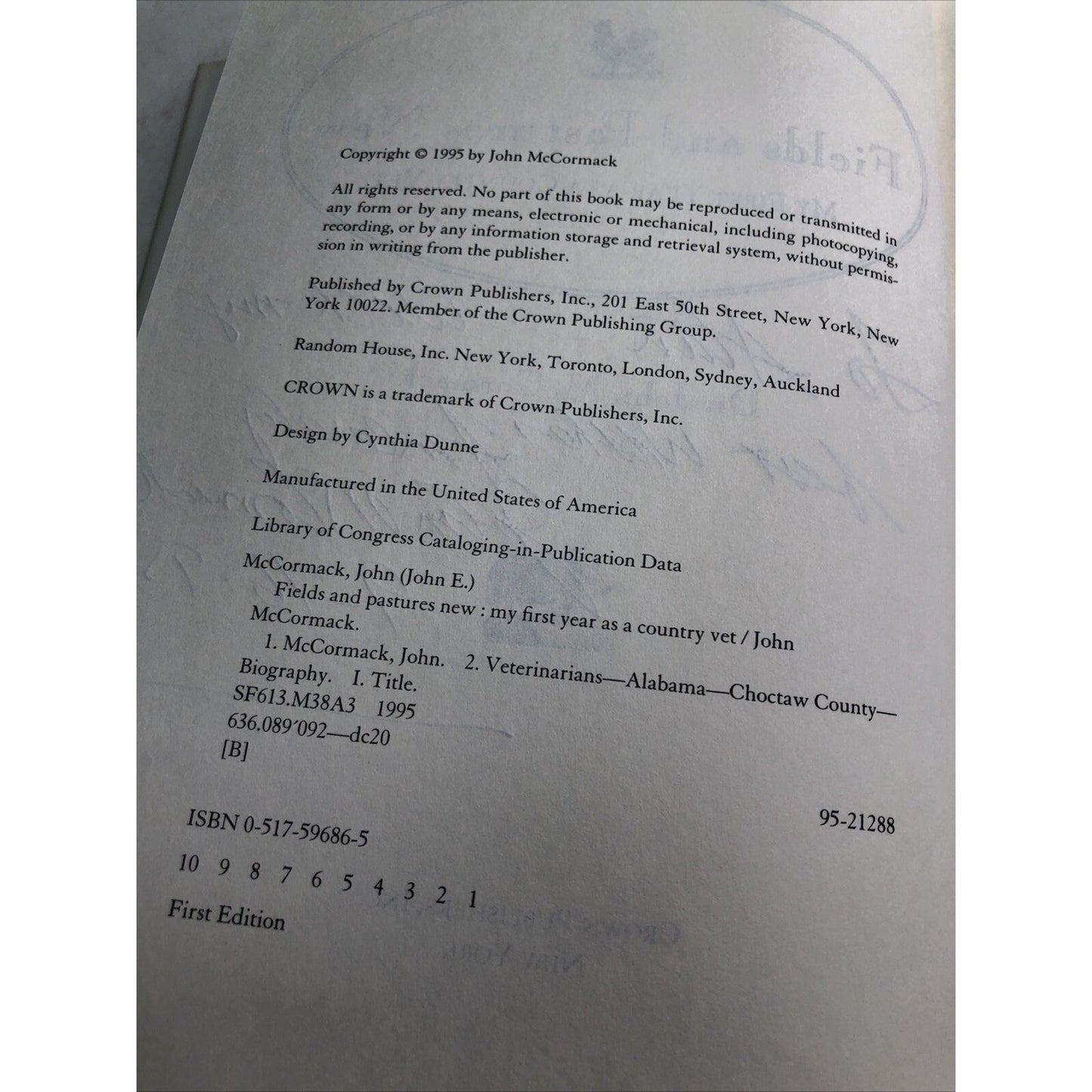 Fields and Pastures New: My First Year as a Country Vet McCormack SIGNED 1995 HC