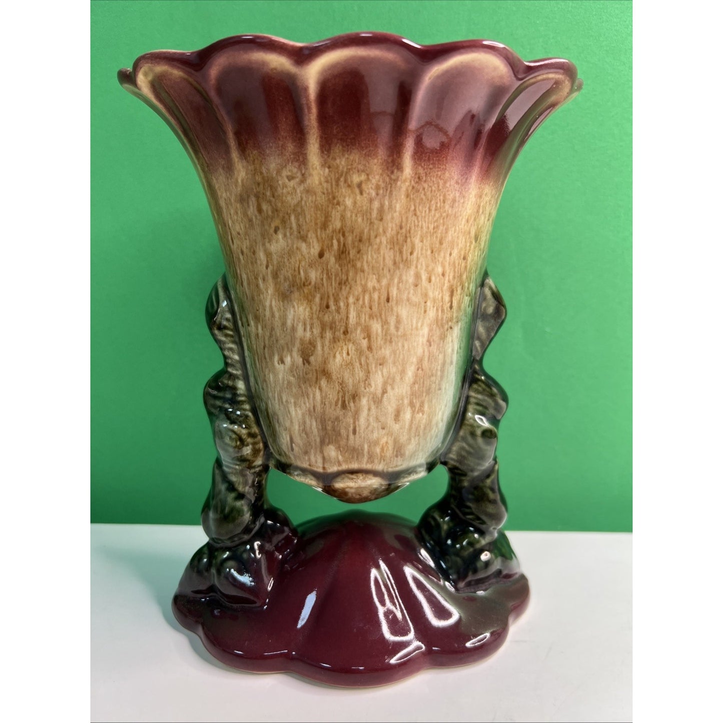Vintage Hull USA Woodland Double Footed Suspended Vase Burgundy Brown 8"