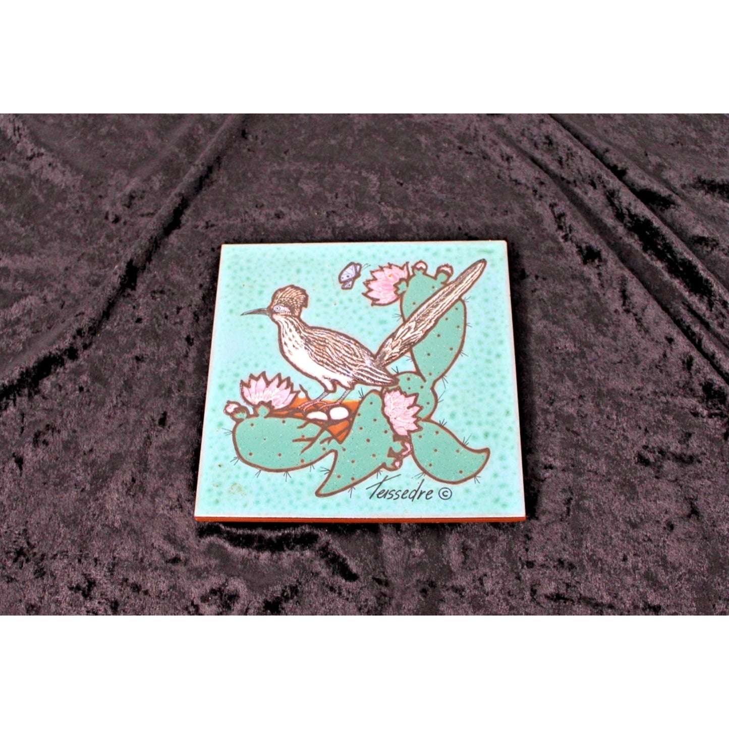 Cleo Teissedre Tile Roadrunner Bird Nesting Ceramic Trivet Coaster, 6" x 6" Aqua