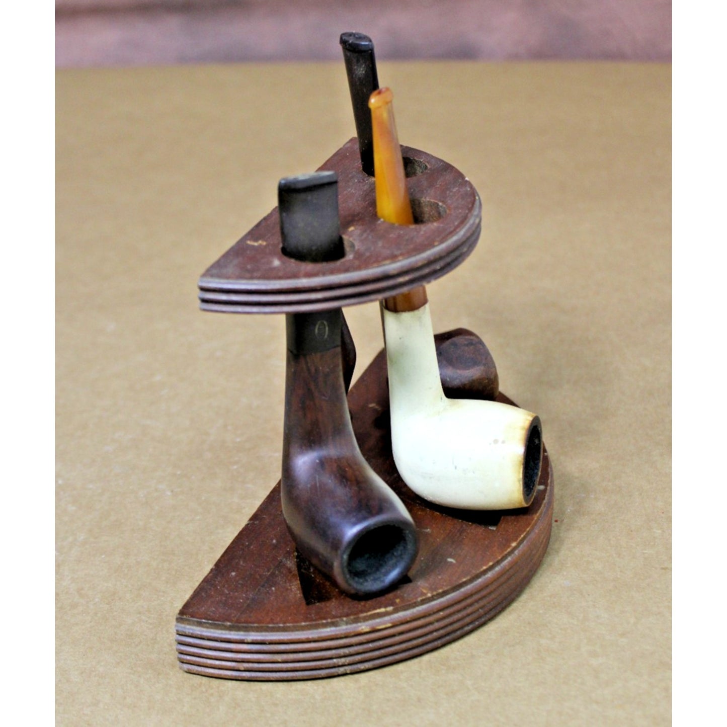 Vintage Pipe Rack + 3 Pipes, GBD London, Yello Bole, Mid-Century Bakelite Stem