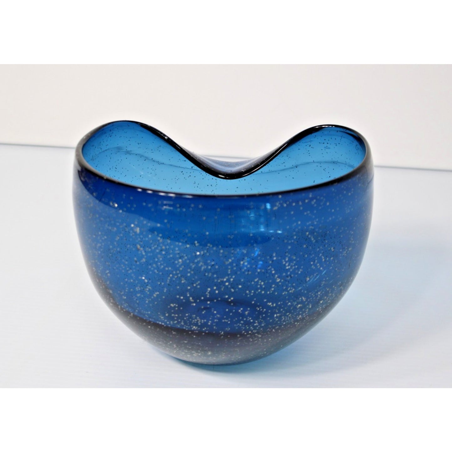 Vintage 60s Mod Blue Glass Vessel with Glitter Flake, Folded Rim Bowl- Gorgeous!
