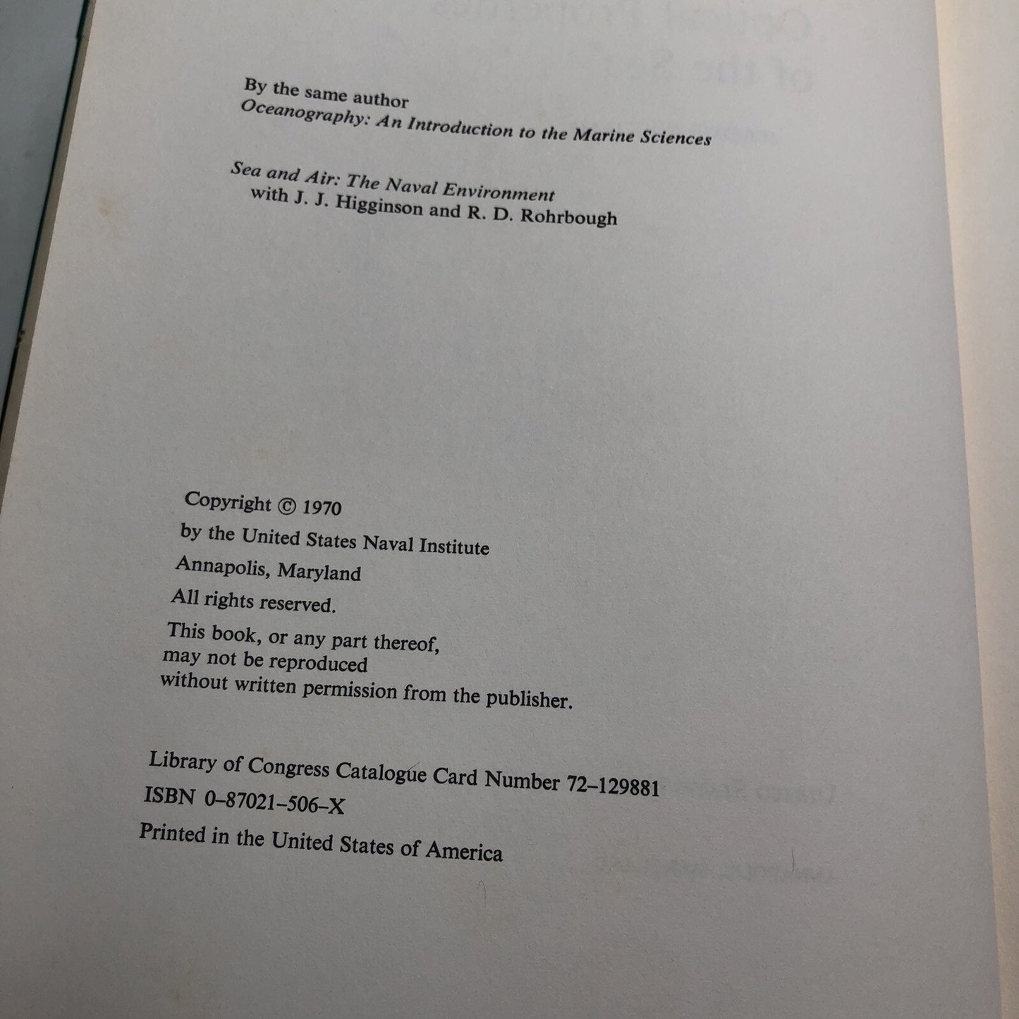 Optical Properties Of The Sea by Jerome Williams US Naval Institute Series 1970