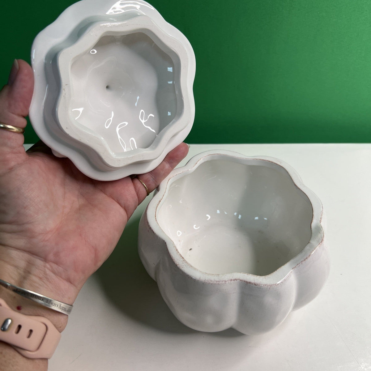Pier 1 Hand Painted Dolomite Ceramic White Pumpkin Candy Dish W/Lid Distressed