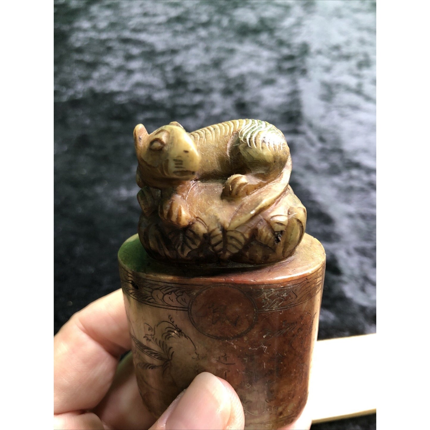 Antique Chinese Intricately Carved Stone Chop Seal Figural Rat Weasel