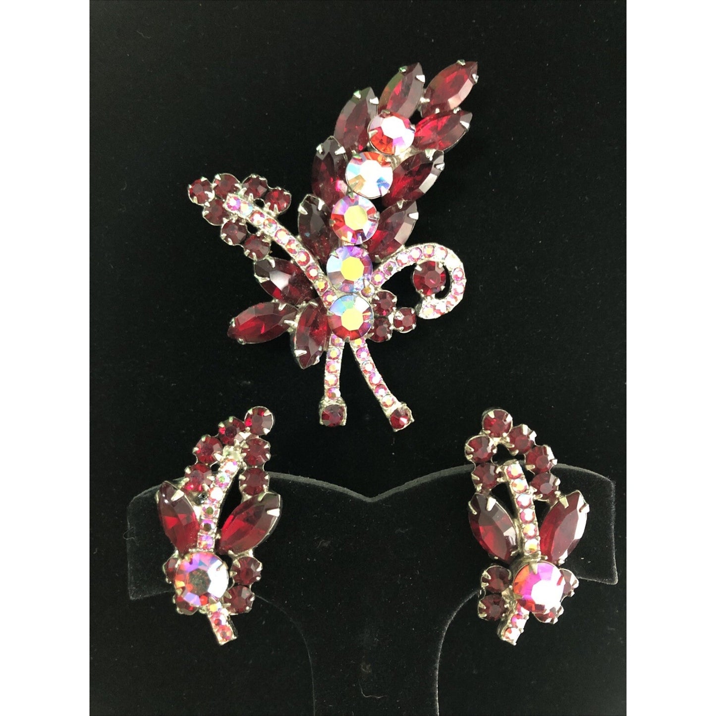 Vintage Rhinestone Brooch & Clip On Earring Set Red