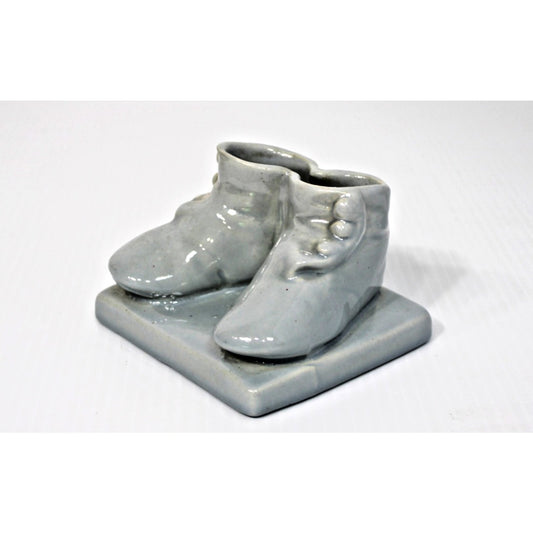 Vintage 1940s Haeger Blue Ceramic Baby Shoes Planter Nursery Decor Kitschy