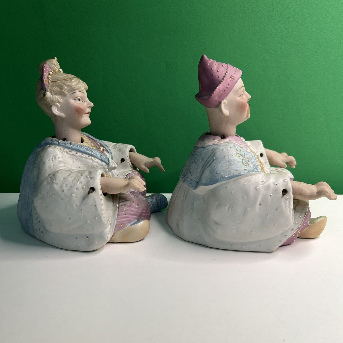Vintage Pair of European Bisque Chinese Male & Female Nodders Pink Blue Gold