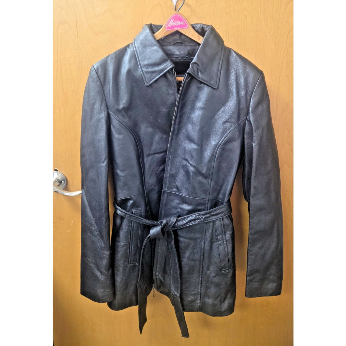 Vintage Oscar Piel Genuine Leather Belted Trench Coat Faux Fur Lined Black 2XL