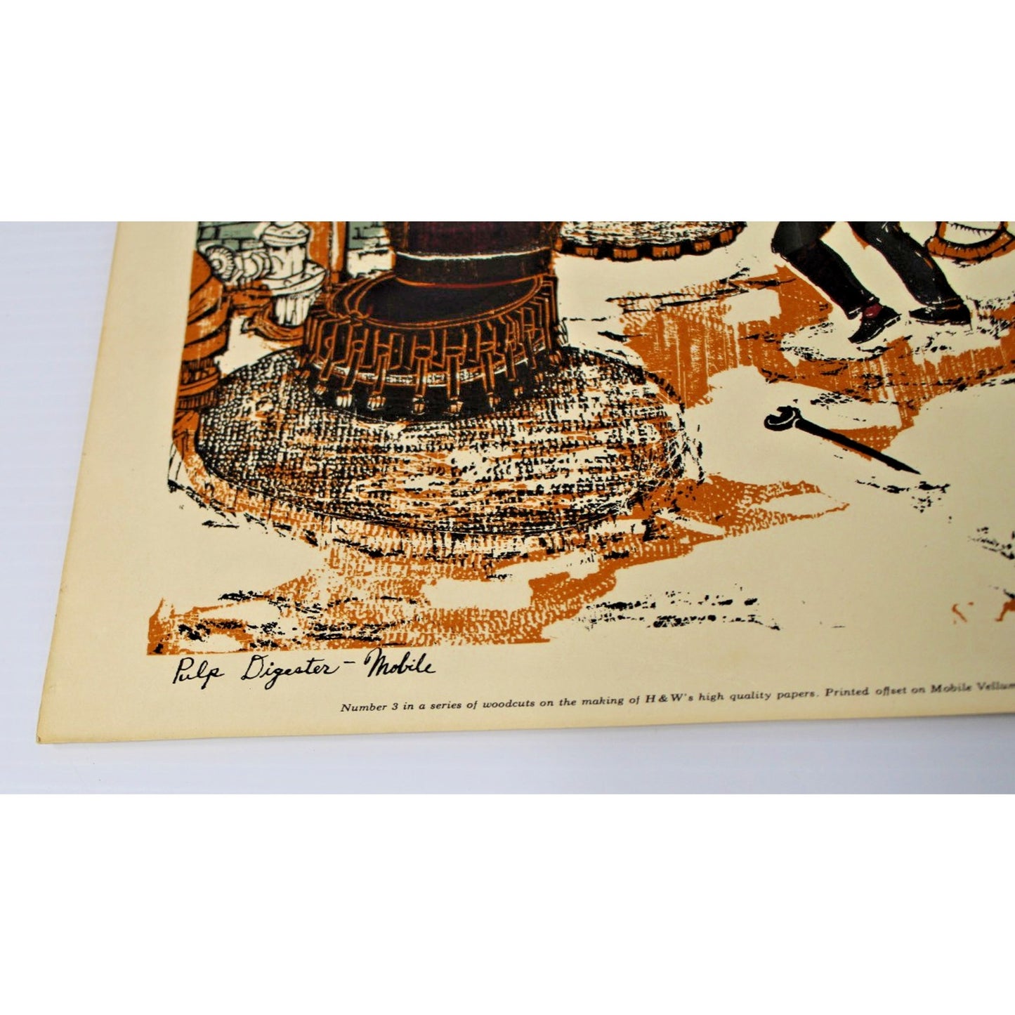 Vintage Woodcut by Ted Davies- Scott Paper Co Pulp Digester Mobile, AL 14"x11"