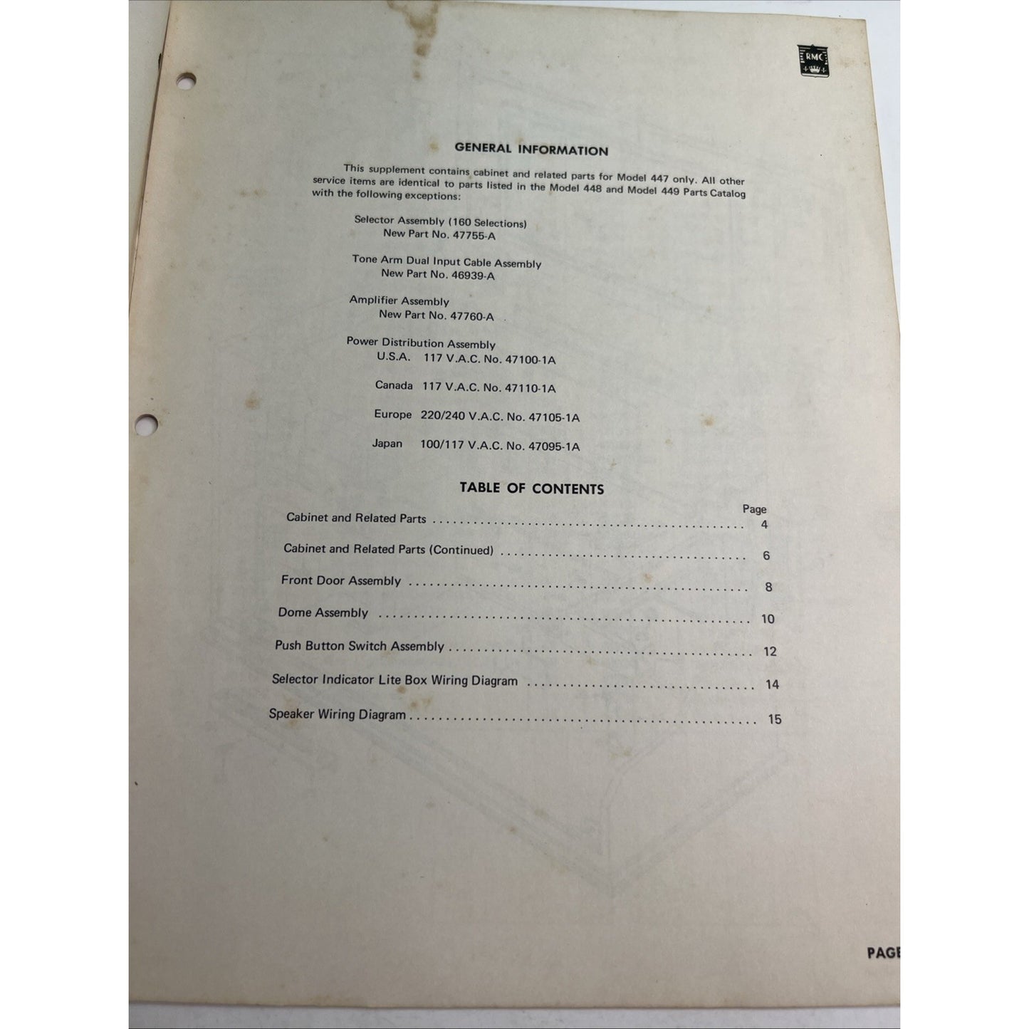 Original Rock-Ola Model 447 448 449 Jukebox Phonograph Parts Catalog Supplement