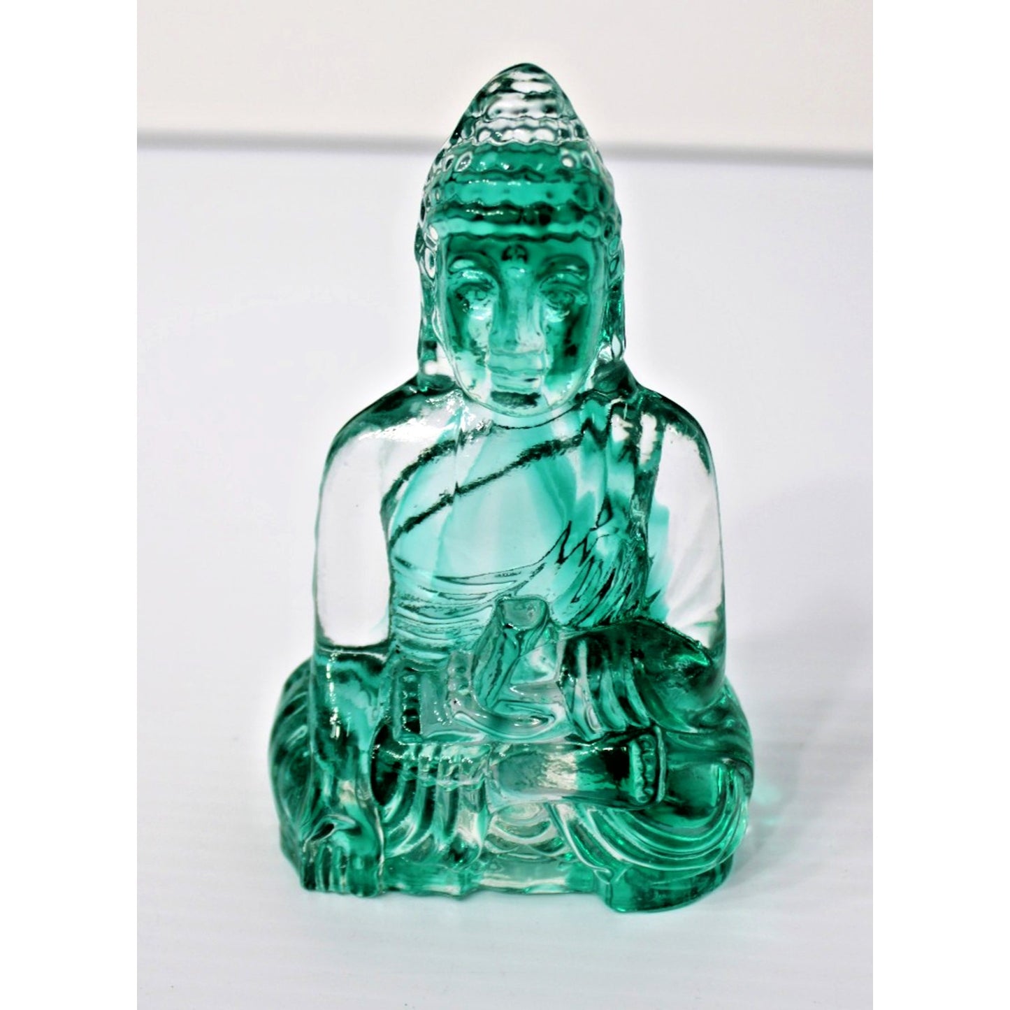 Art Glass Buddha Bodhisattva Figure, 5.5H Clear & Teal Swirl Dynasty Gallery