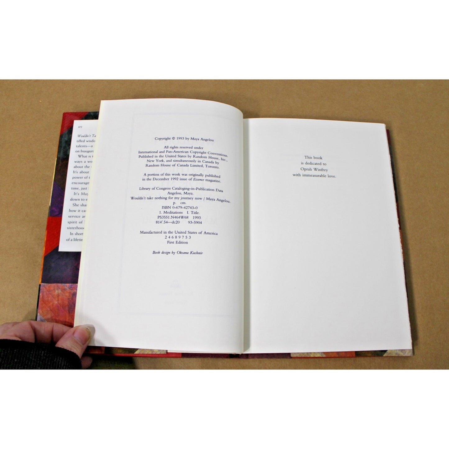 Wouldn't Take Nothing for My Journey Now, Maya Angelou 1993 First Edition HC/DJ