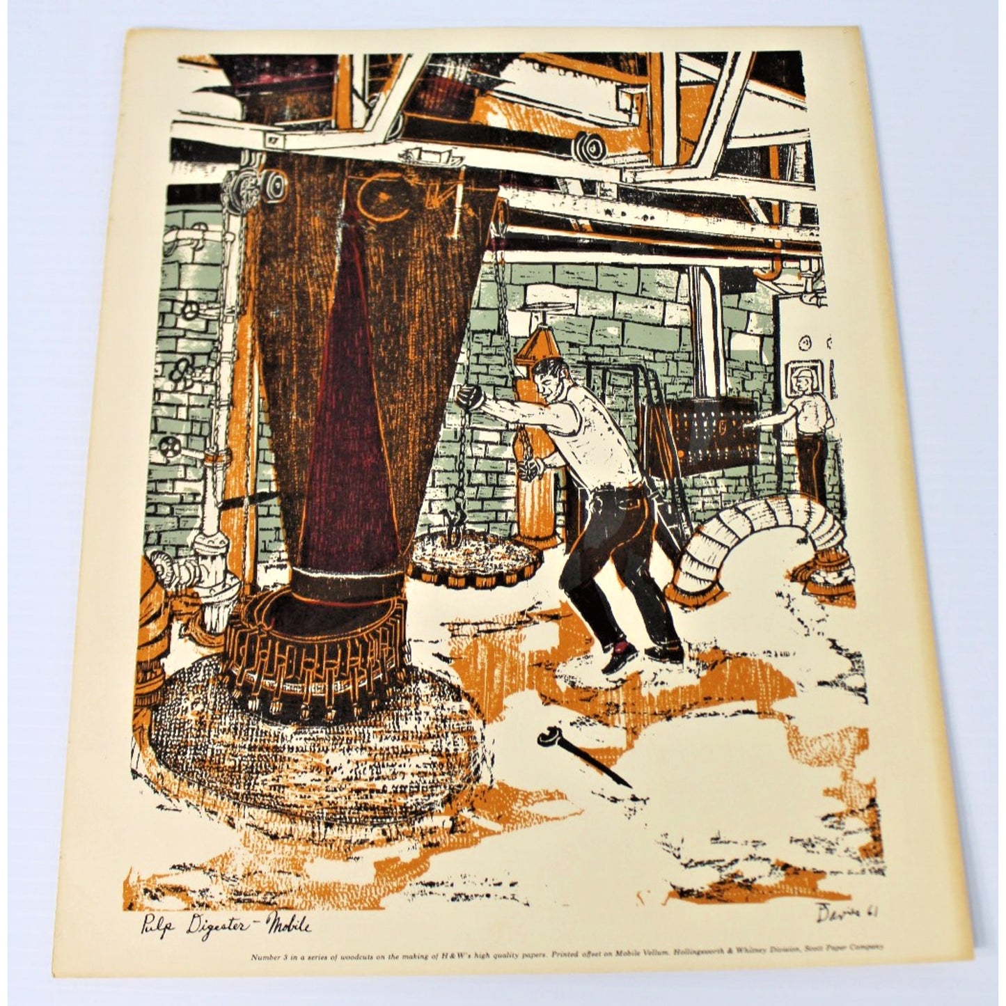 Vintage Woodcut by Ted Davies- Scott Paper Co Pulp Digester Mobile, AL 14"x11"