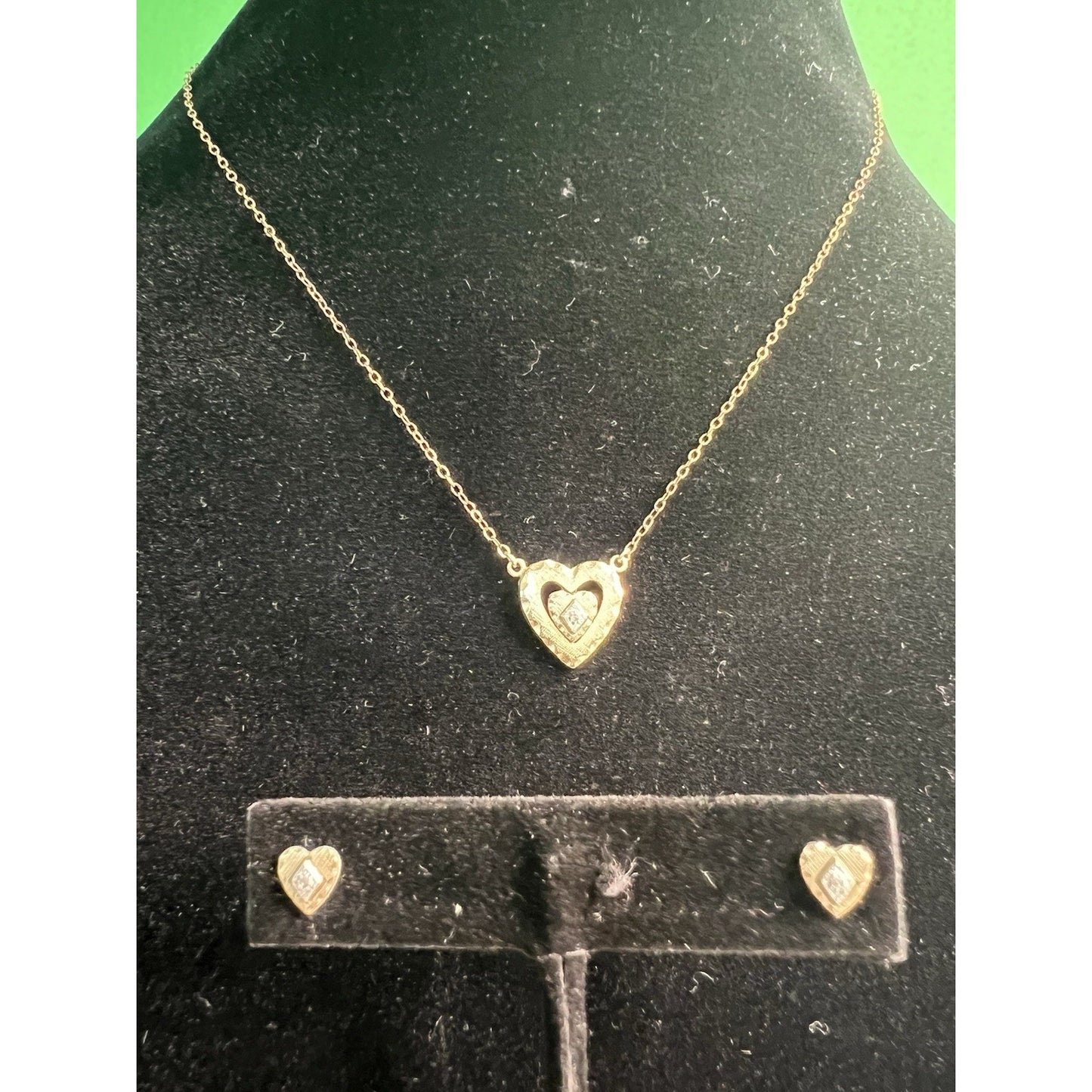 Vintage 14K Gold Filled Hearts With Clear Stones Necklace & Earrings Boxed Set