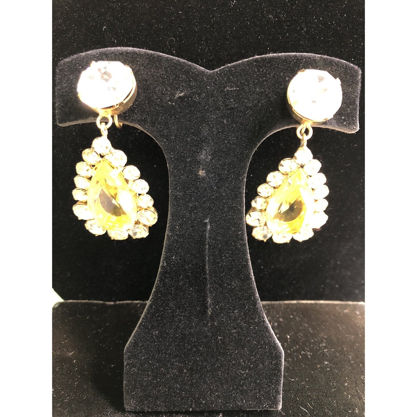 Vintage Showstopper Clip On Earrings Faux Stones Yellow Teardrop & Round Shape