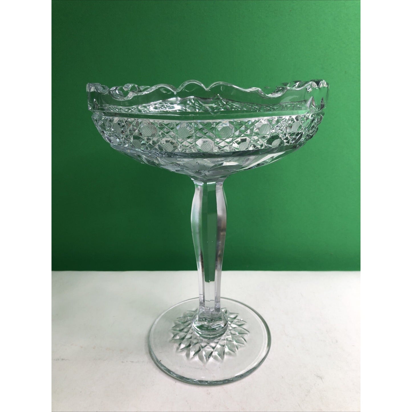 Beautiful Cut Glass Pedestal Compote Etched Flowers 8” Scalloped Edge