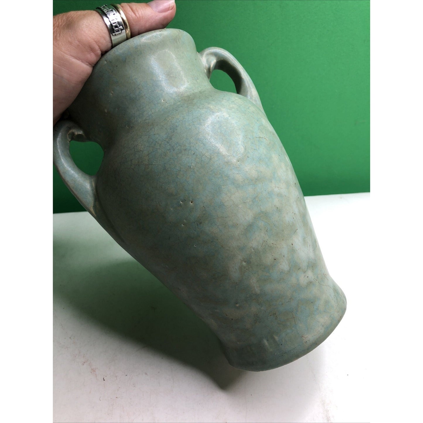 Brush McCoy 1930s Vintage Art Deco Pottery Mottled Green Cream Ceramic Vase