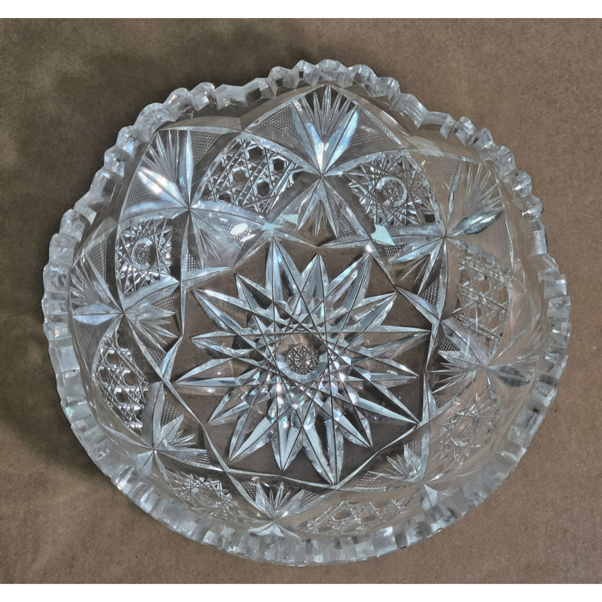 Vintage ABP Style Cut Crystal Bowl - 8" Hobstar & Pinwheel Scalloped Rim
