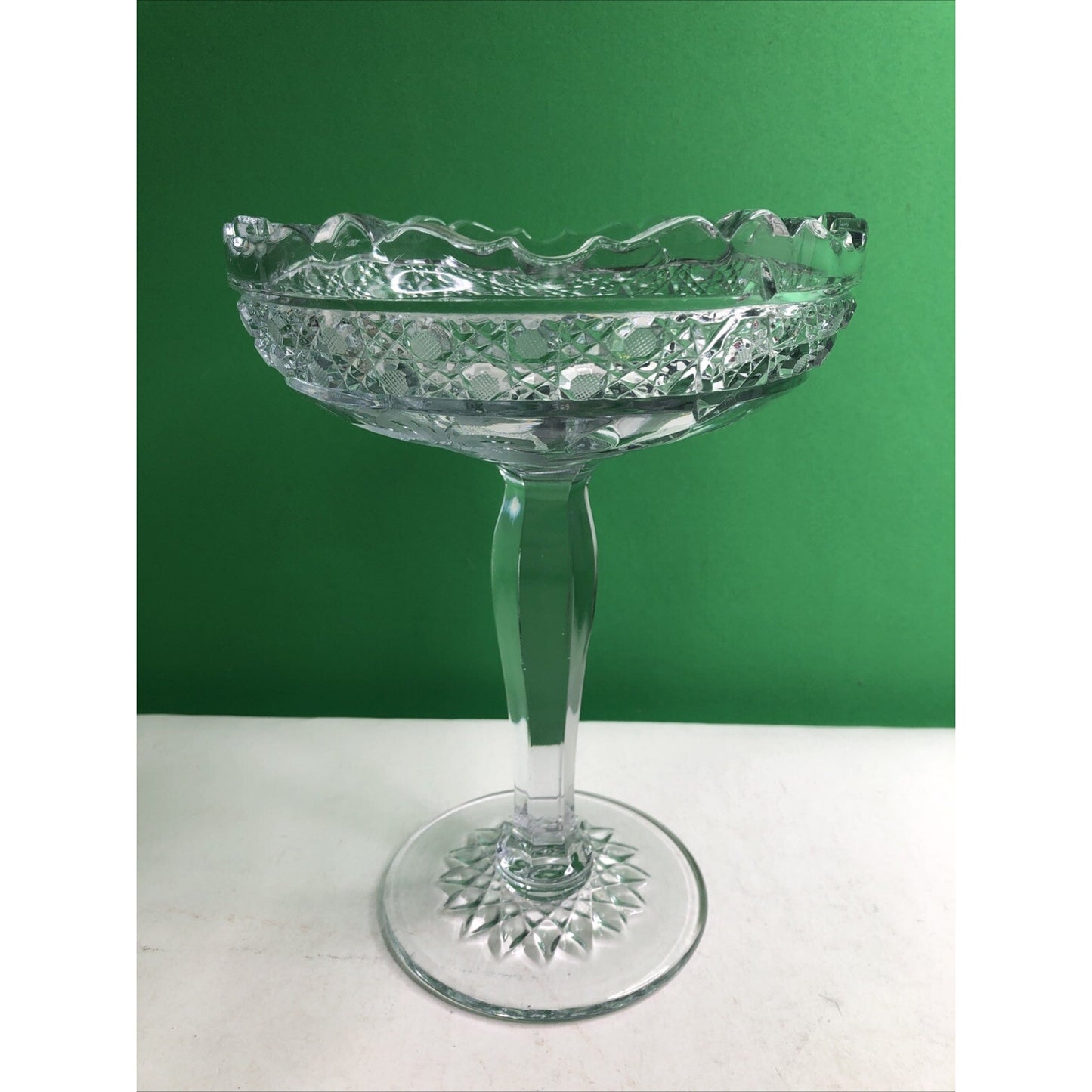 Beautiful Cut Glass Pedestal Compote Etched Flowers 8” Scalloped Edge