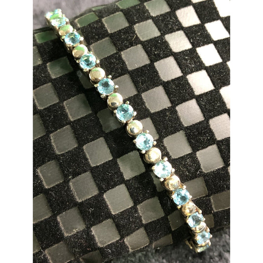 Vintage Blue Topaz Sterling Silver Tennis Bracelet Round Stones 925 Secure Clasp