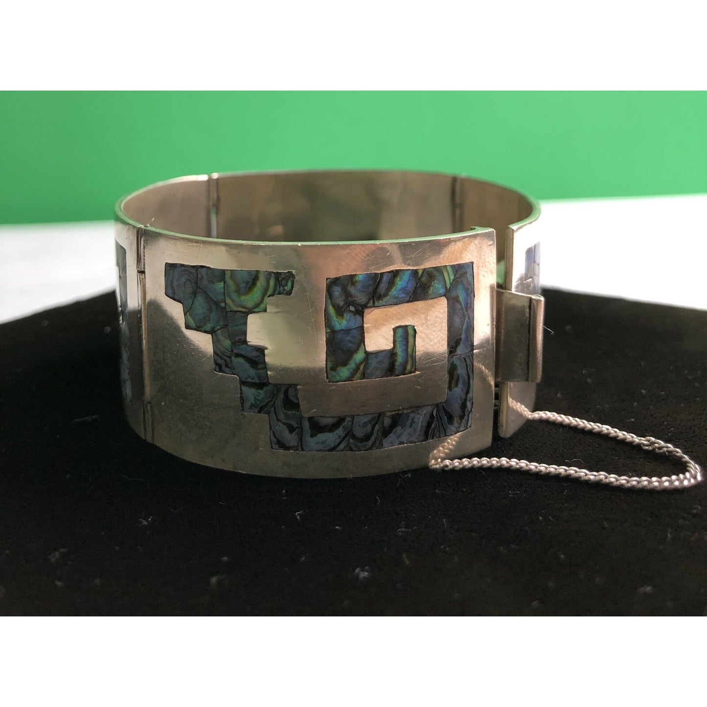 Vintage Mexico Sterling Silver Abalone Inlay Greek Key Panel Link Bracelet H.J.R