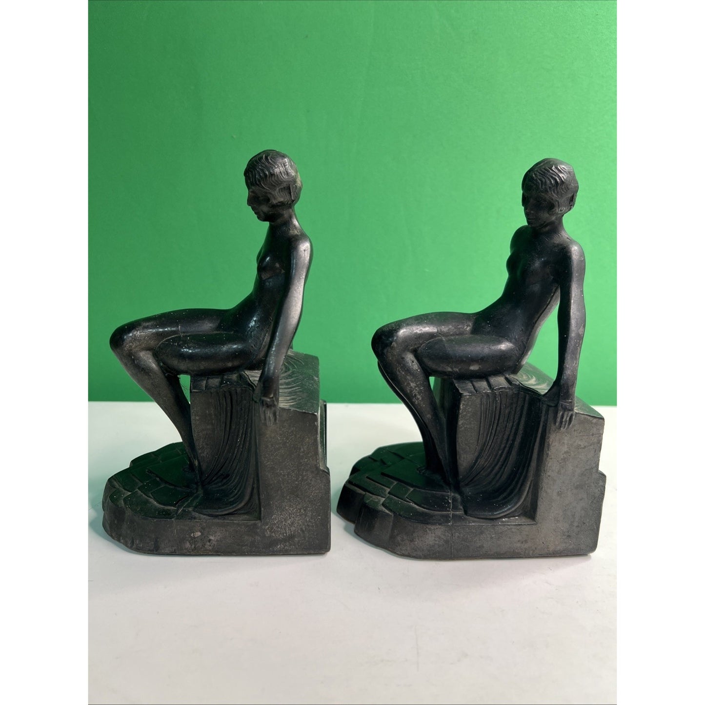 Art Deco 1930's Pair of Nude Flapper Girls Spelter Metal Bookends