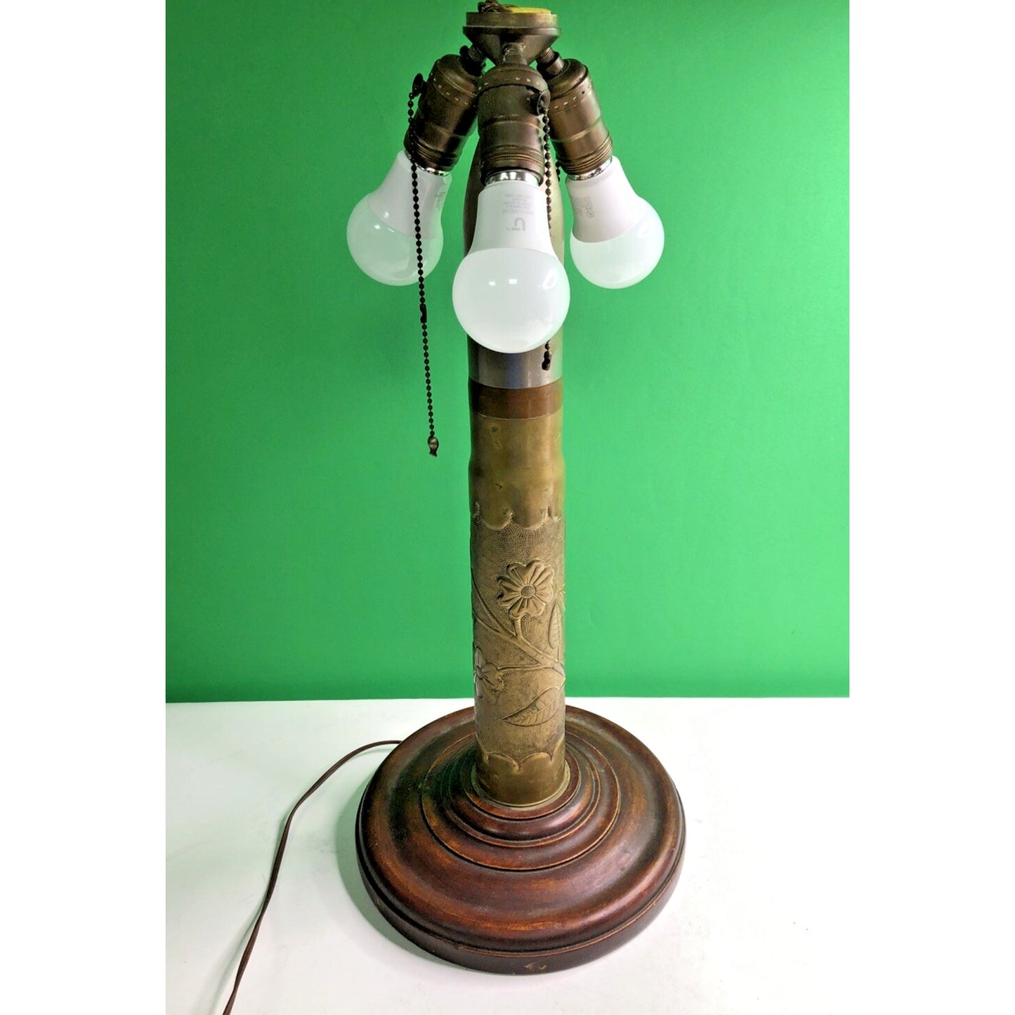 Trench Art Etched Artillery Shell Table Lamp, 3 Light, Wood Base 23” H - Works