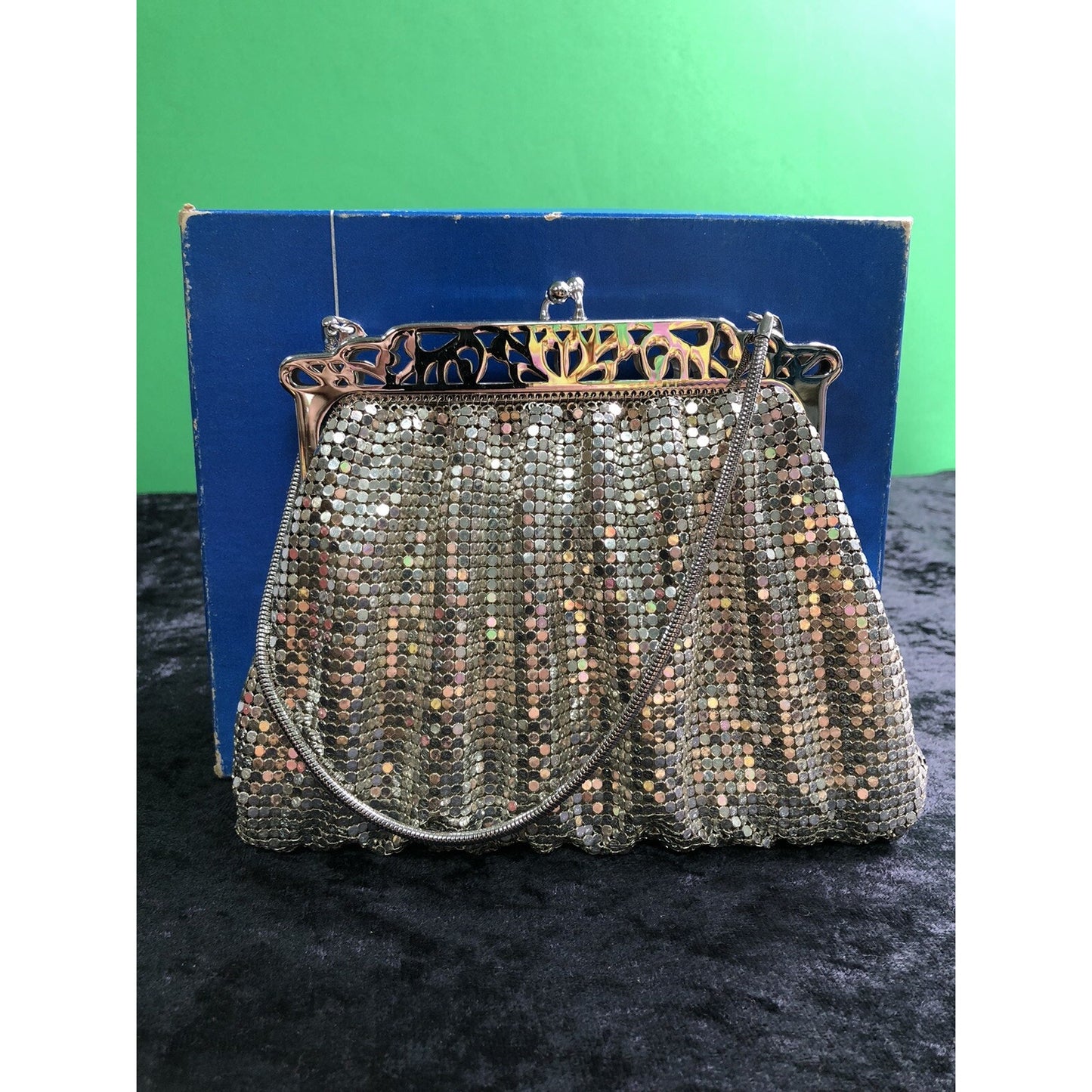 Vintage Set Whiting & Davis Silver Mesh Purse Kiss Lock w/ Box & Folding Comb