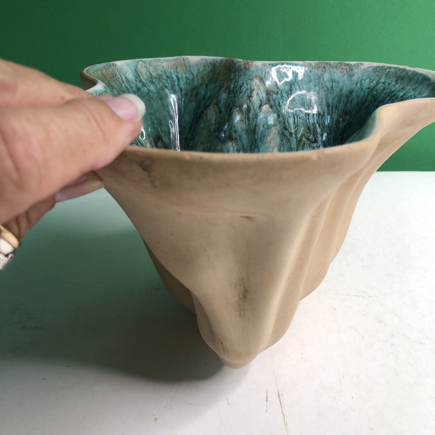 SIGNED Hammat Original 403 Pottery Dish Blue Green Brown Biomorphic Design MCM