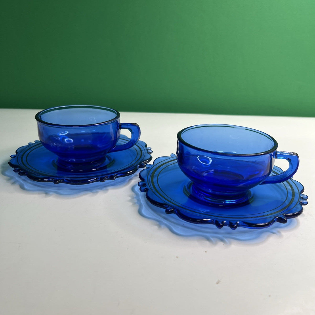Two (2) L E Smith Mt Pleasant Cobalt Blue Cups & Saucers Vintage Pair