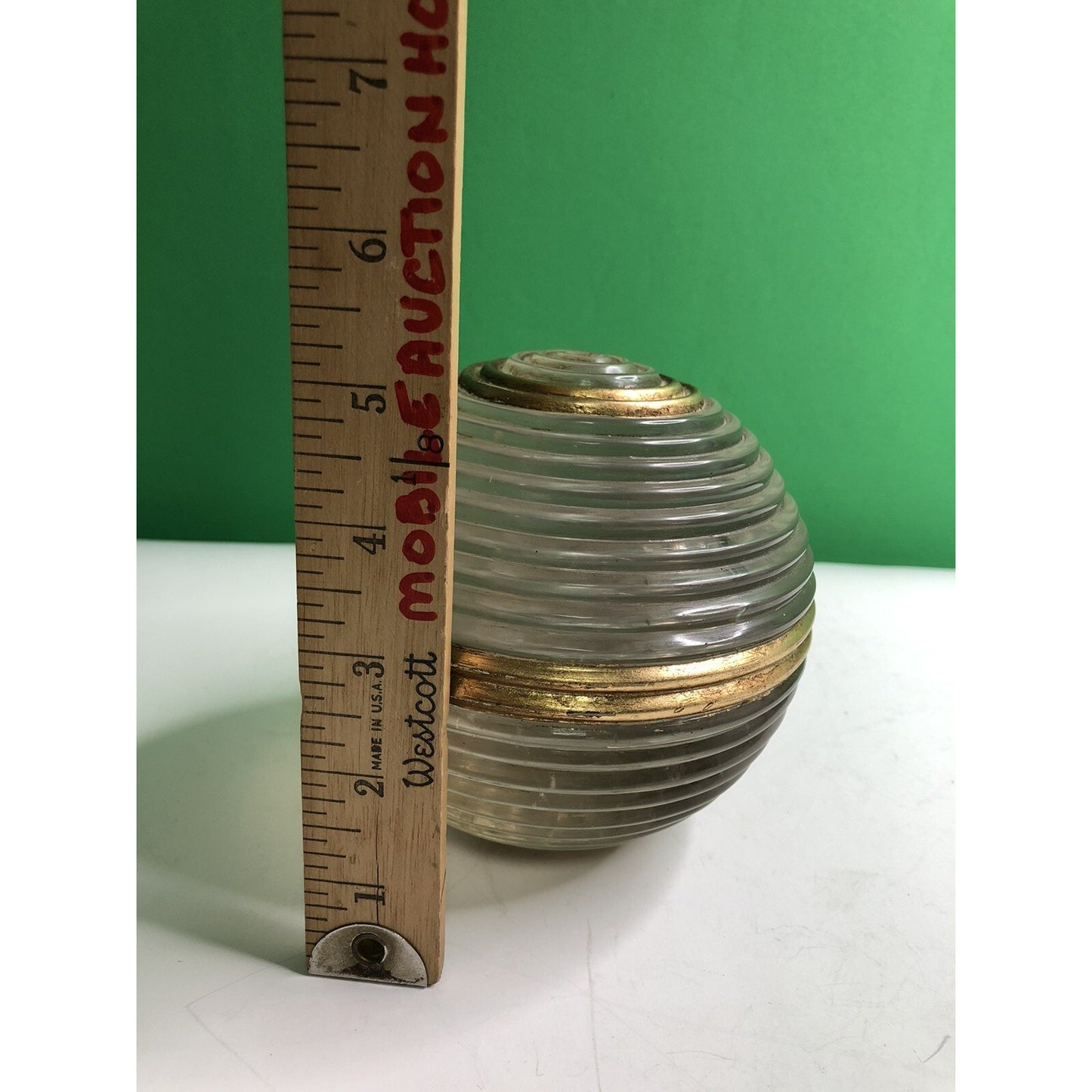Vintage SOLID GLASS SPHERE Ball Ribbed Gilt MCM Unique Interesting RARE LARGE