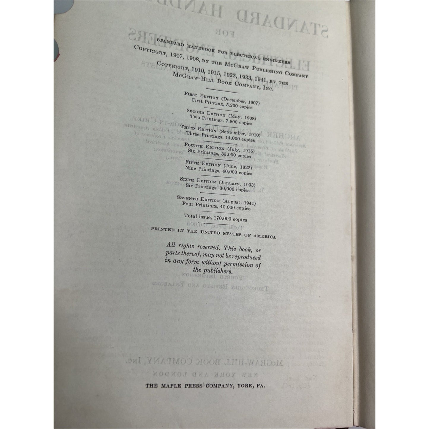 Standard Handbook For Electrical Engineers Archer Knowlton 1941 HC Seventh Ed