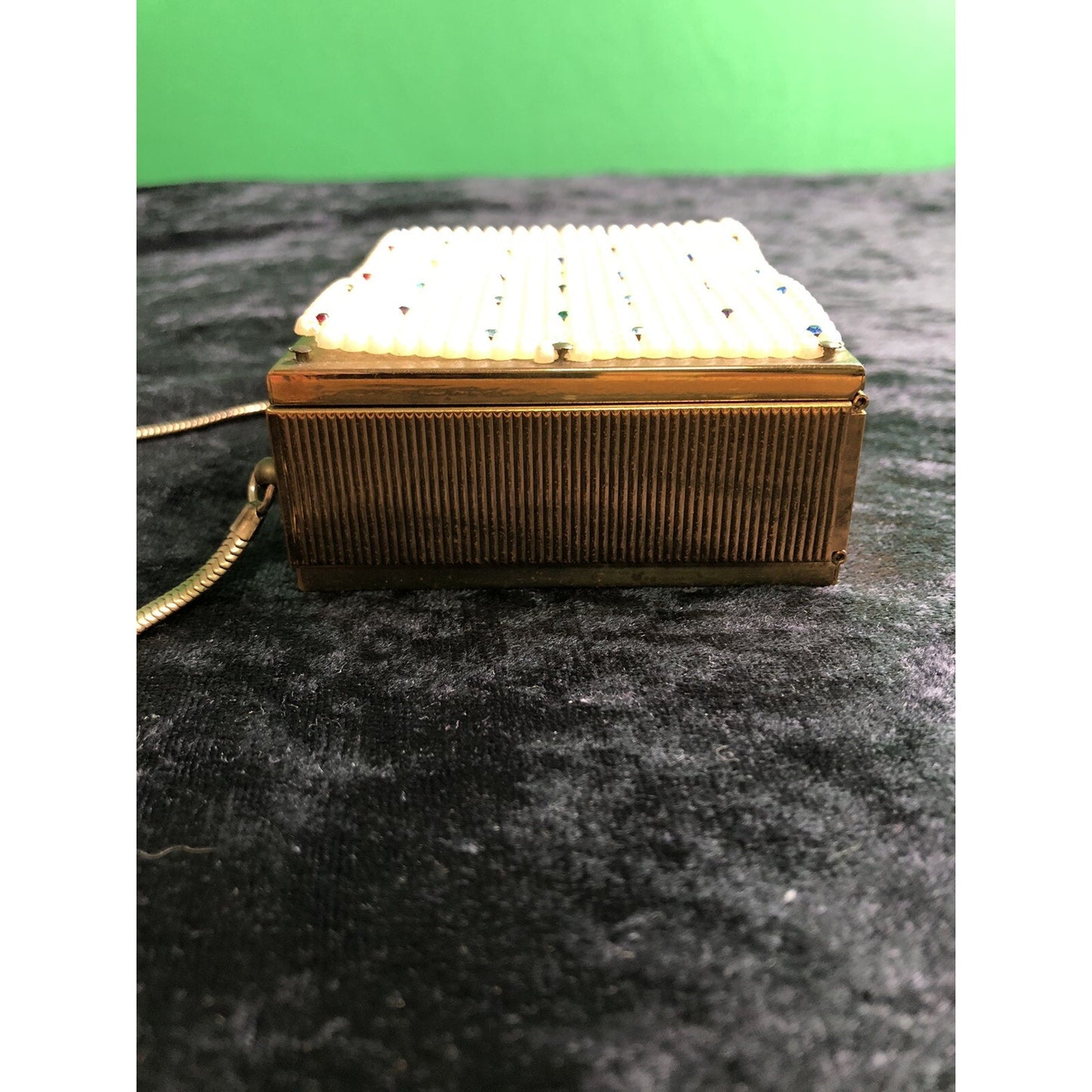 Vintage Minaudiere Metal Box Purse W/ Powder Lipstick Comb Mirror Evening Bag