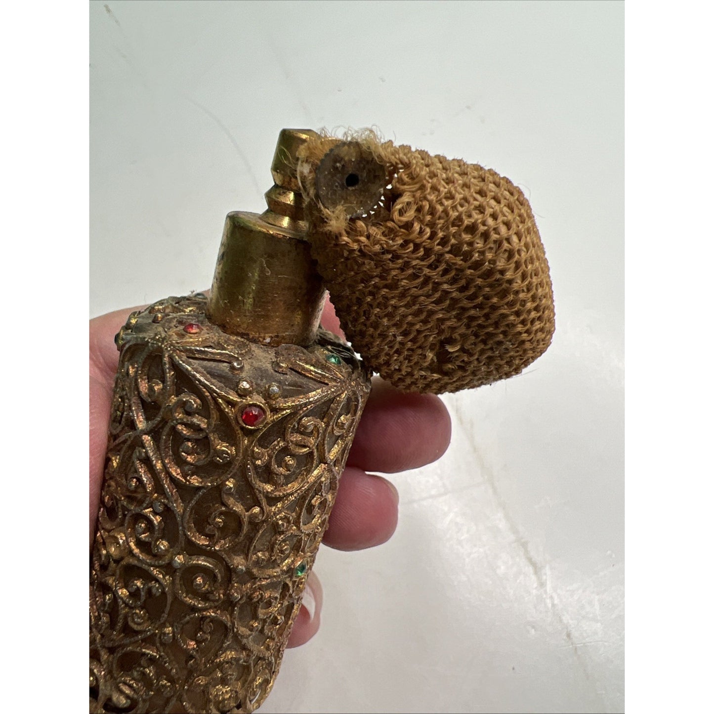 Vintage Gold Tone Perfume Bottle Filigree Ormolu Rhinestones Damaged Atomizer